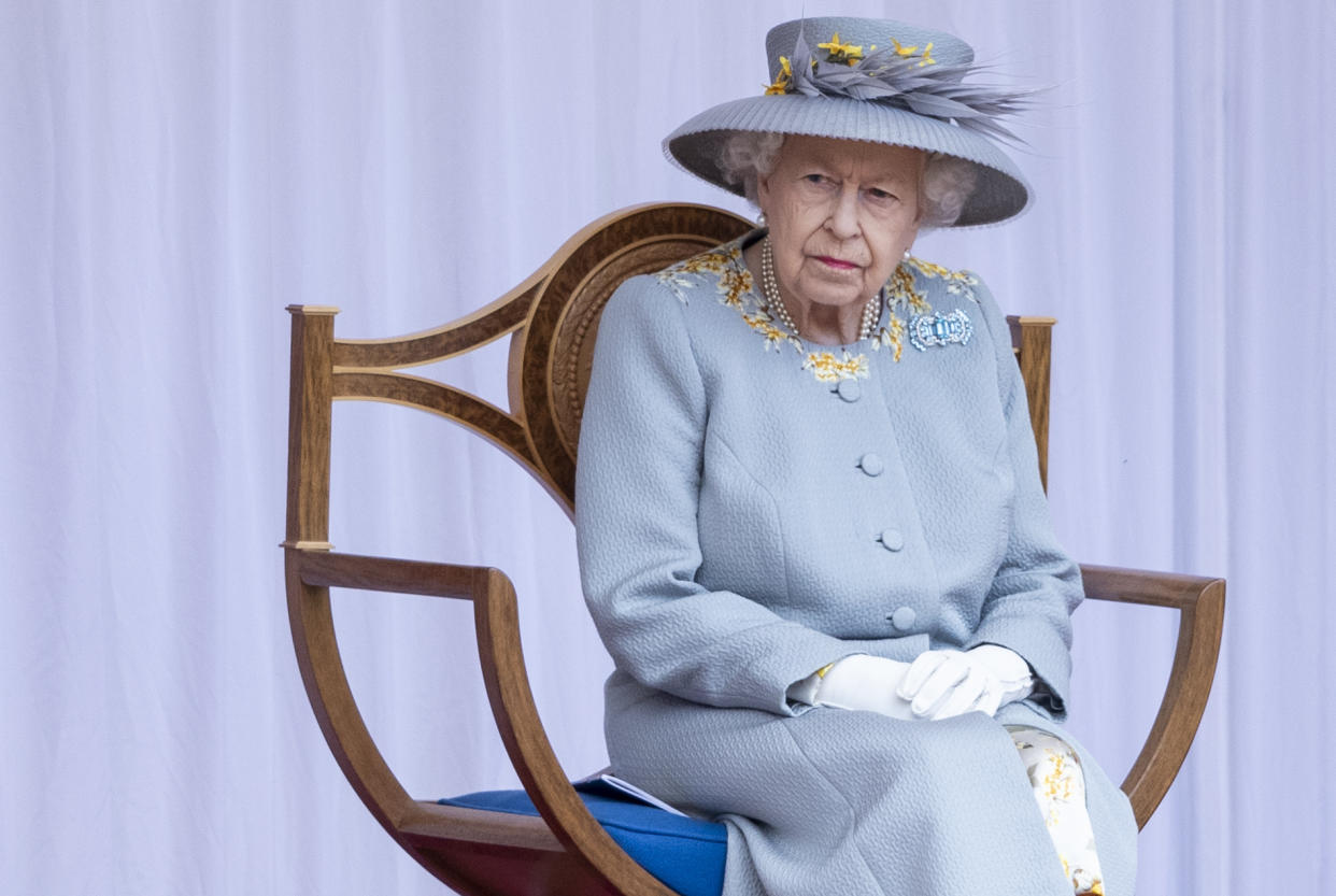 WINDSOR, ENGLAND - JUNE 12: Queen Elizabeth II attends a military ceremony in the Quadrangle of Windsor Castle to mark her Official Birthday on June 12, 2020 at Windsor Castle on June 12, 2021 in Windsor, England. (Photo by UK Press Pool/UK Press via Getty Images)