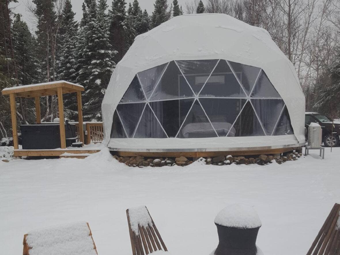 Snow covers the ground at the Riverfront Chalets in Grand Falls-Windsor on Saturday, as the town saw periods of heavy snowfall on Saturday. (Submitted by Fred Parsons - image credit)