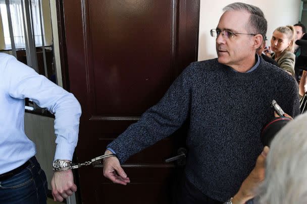 PHOTO: Paul Whelan, a former U.S. Marine accused of spying and arrested in Russia, arrives in handcuffs to attend his hearing at a court in Moscow, Aug. 23, 2019. (Kirill Kudryavtsev/AFP via Getty Images, FILE)