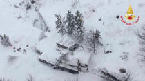 An aerial view shows Hotel Rigopiano in Farindola, central Italy, hit by an avalanche, in this January 19, 2017 handout picture provided by Italy's firefighters. Vigili del Fuoco/Handout via REUTERS ATTENTION EDITORS - THIS IMAGE WAS PROVIDED BY A THIRD PARTY. EDITORIAL USE ONLY. TPX IMAGES OF THE DAY
