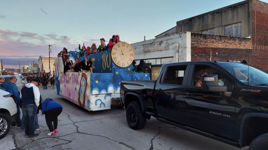 The Mystics of Time float at the Mardi Gras parade in Palestine.