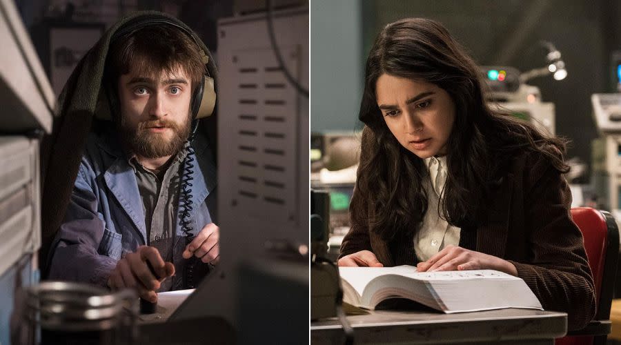 Craig (Daniel Radcliffe) and Eliza (Geraldine Viswanathan), two angels toiling away on "Miracle Workers." (Photo: )