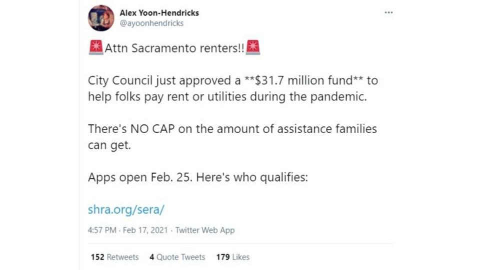 Alexandra Yoon-Hendricks Tweet | Sacramento Emergency Rental Assistance Program