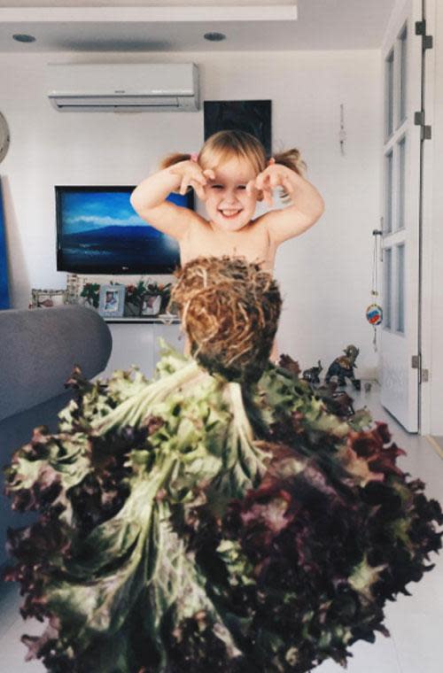 Clever mum Alya has turned fresh produce into fabulous outfits, by using a forced perspective style of shooting. Here a lettuce has become a bellowing ball gown.