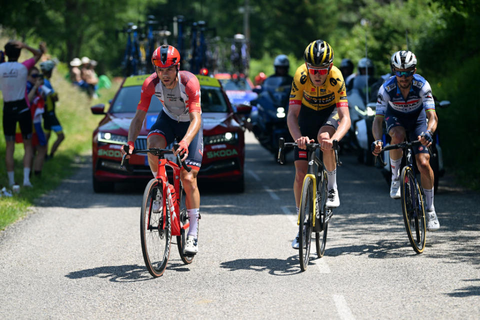 GRENOBLE ALPES MTROPOLE FRANCE  JUNE 11 LR Giulio Ciccone of Italy and Team Trek  Segafredo Tiesj Benoot of Belgium and Team JumboVisma and Julian Alaphilippe of France and Team Soudal  Quick Step compete in the breakaway during the 75th Criterium du Dauphine 2023 Stage 8 a 1528km stage from Le PontdeClaix to La Bastille  Grenoble Alpes Mtropole 498m  UCIWT  on June 11 2023 in Grenoble Alpes Mtropole France Photo by Dario BelingheriGetty Images