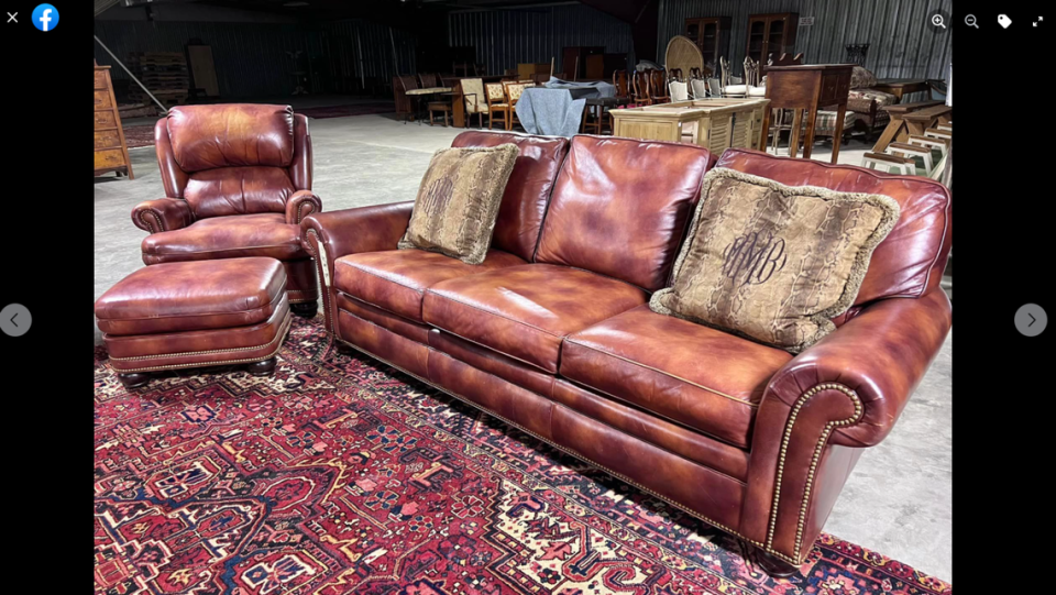 Among the items shown that will be at the Liberty Auction sale include a leather living room set and pillows with Maggie Murdaugh’s initials embroidered on them.