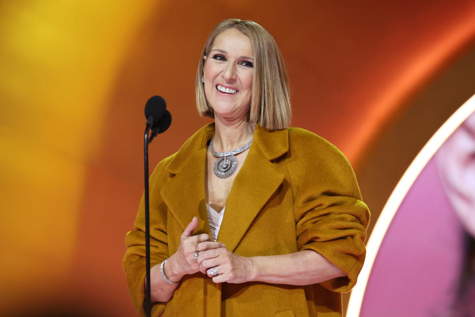 LOS ANGELES, CALIFORNIA - FEBRUARY 04: Celine Dion speaks onstage during the 66th GRAMMY Awards at Crypto.com Arena on February 04, 2024 in Los Angeles, California. (Photo by Monica Schipper/Getty Images for The Recording Academy )