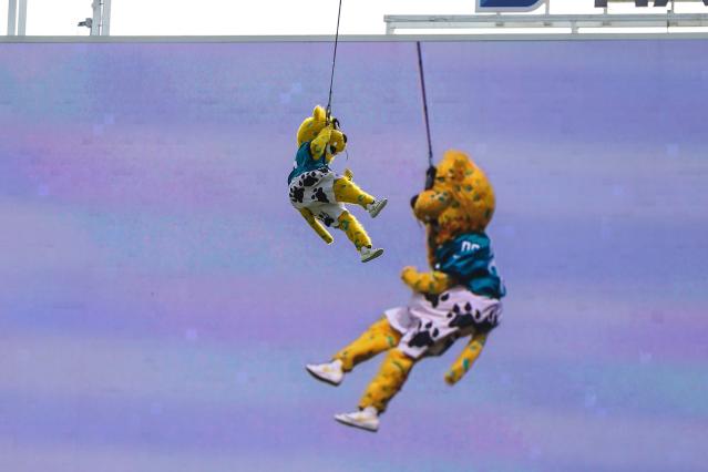 Jacksonville Jaguars mascot Jaxson de Ville performs a bungee