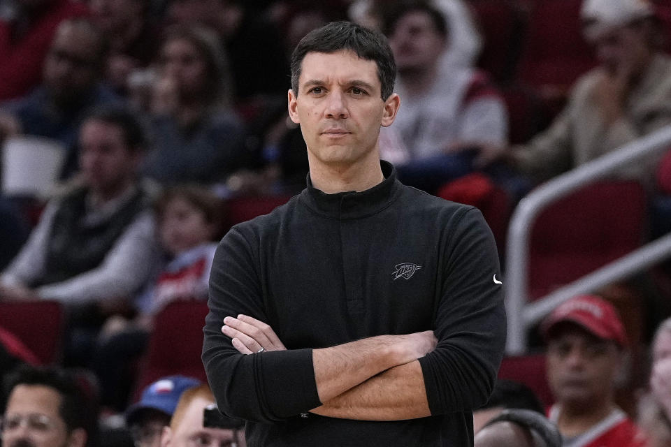 Oklahoma City Thunder coach Mark Daigneault watches the team during the second quarter of an NBA basketball game against the Houston Rockets, Wednesday, Dec. 6, 2023, in Houston. (AP Photo/Kevin M. Cox)