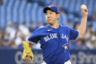 Toronto Blue Jays starting pitcher Yusei Kikuchi throws to a Baltimore Orioles batter during the first inning of a baseball game Monday, Aug. 15, 2022, in Toronto. (Jon Blacker/The Canadian Press via AP)