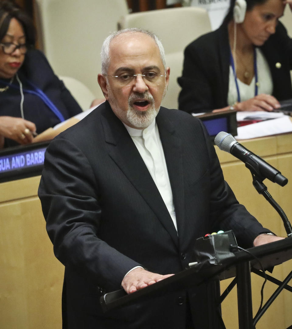 Iran's Foreign Minister Mohammad Javad Zarif address a meeting to promote the elimination of nuclear weapons, during the United Nations General Assembly, Wednesday Sept. 26, 2018 at U.N. headquarters. (AP Photo/Bebeto Matthews)