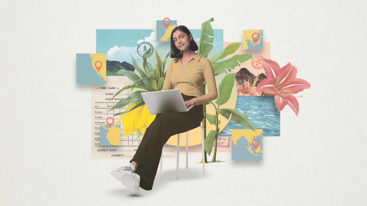  Illustration of a woman working with a laptop in an exotic location. 