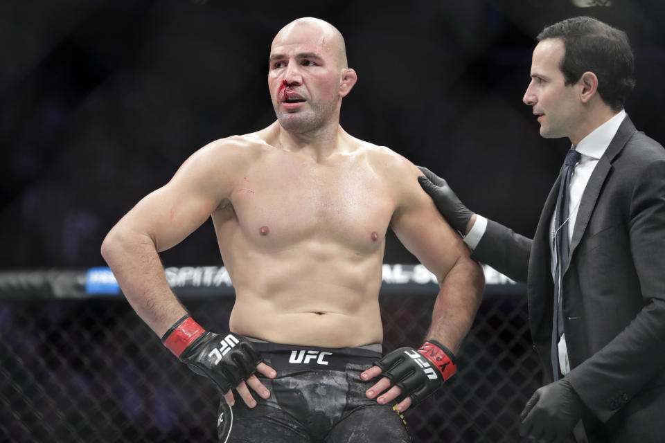 FILE - In this Jan. 19, 2019, file photo, Glover Teixeira looks on after he stopped Karl Roberson in the first round of a light heavyweight mixed martial arts bout at UFC Fight Night in New York. Teixeira faces Jan Błachowicz for the light heavyweight title on Saturday, Oct. 30, 2021, in Abu Dhabi, United Arab Emirates. (AP Photo/Frank Franklin II, File)