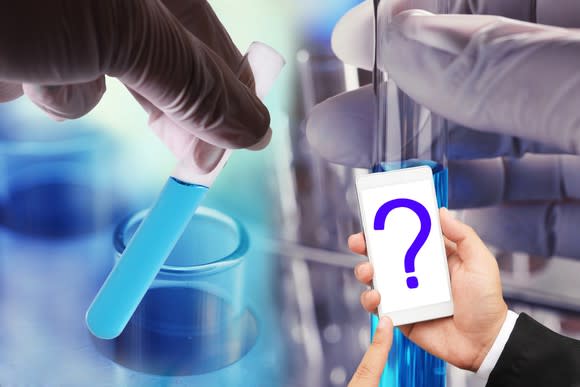 Hands holding test tubes and another hand holding a white cell phone with a purple question mark displayed on it