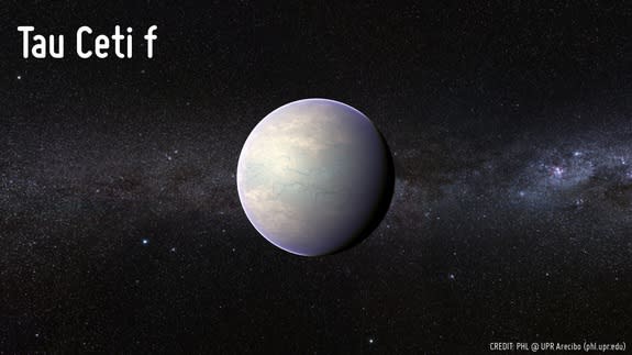 Artist's concept of the potentially habitable planet candidate Tau Ceti f, which is found just 11.9 light-years from Earth.