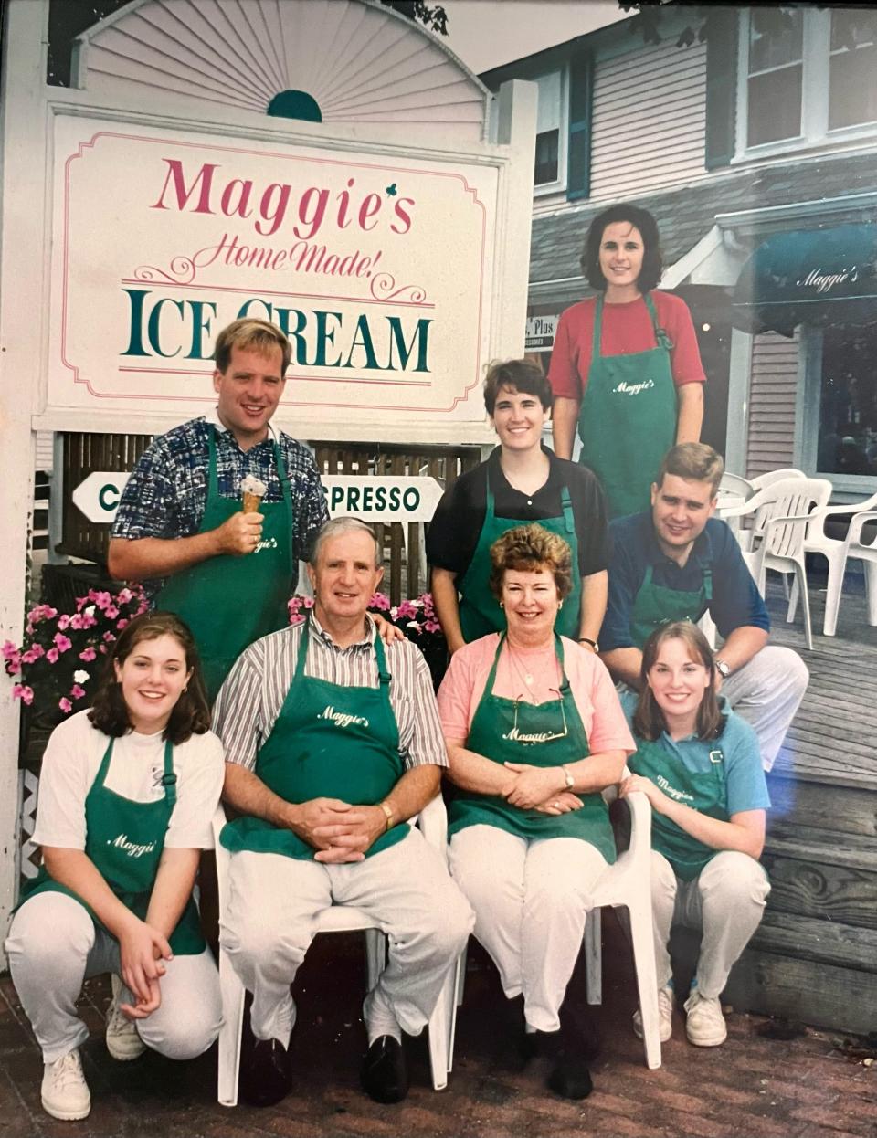 The Sweeney Family: Maura, left, Sean, John and Maggie, Sue, Holly, Brian, Colleen Martin, right, pose in front of Maggie's homemade Ice Cream, Colleen Martin's parent's ice cream shop in Cape Cod.
