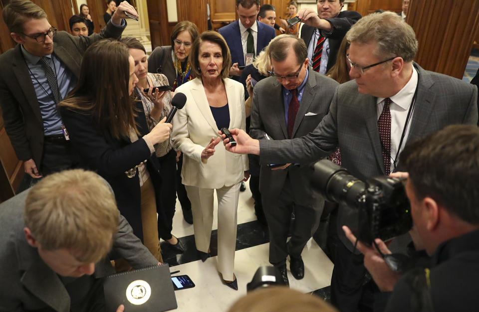 <p>House Minority Leader Nancy Pelosi of Calif., speaks to reporters after she staged a record-breaking, eight-hour speech in hopes of pressuring Republicans to allow a vote on protecting “Dreamer” immigrants on Capitol Hill in Washington. Wednesday, Feb. 7, 2018. (Photo: Pablo Martinez Monsivais/AP) </p>