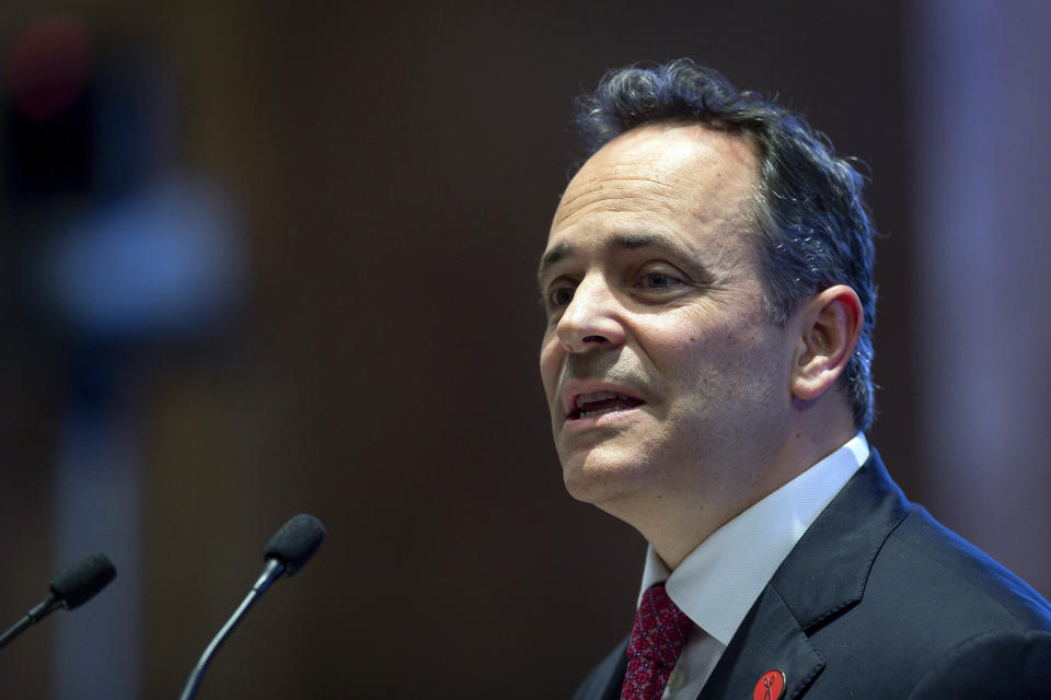 FILE - In this Feb. 7, 2019, file photo, Kentucky Gov. Matt Bevin delivers the State of the Commonwealth address to a joint session of the state legislature at the state Capitol in Frankfort, Ky. Springtime in Kentucky means trees blooming, horses racing and, in most years, politicians jockeying for position ahead of the late May primary election. This year, with the biggest political prize in Kentucky up for grabs, Republican Gov. Matt Bevin is seeking a second term and three prominent Democrats are among those competing for a chance to unseat him. (AP Photo/Bryan Woolston, File)