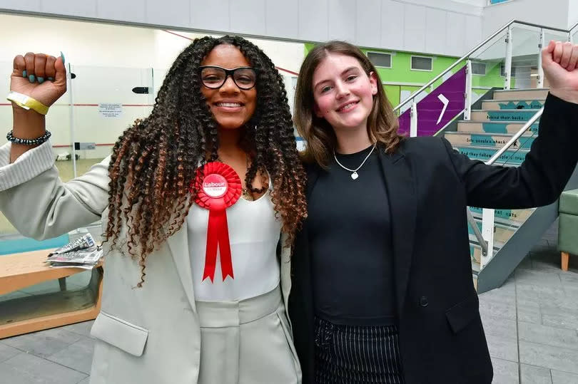 Knowsley Local Election 2024 as newly elected Labour candidates for Knowsley, Chantelle Lunt (St Gabriels Ward) and Megan Dever (Roby Ward) celebrate.