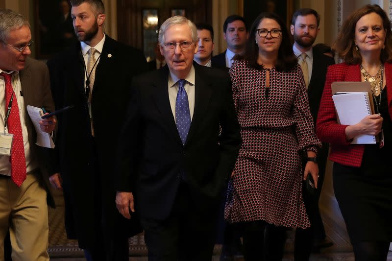 U.S. Senate Majority Leader McConnell returns to his office after a speech on the Senate floor of the U.S. Capitol in Washington