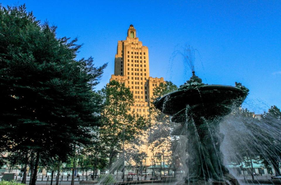 Providence's "Superman Building" as viewed from the Bajnotti Fountain in Burnside Park in this image from 2016.