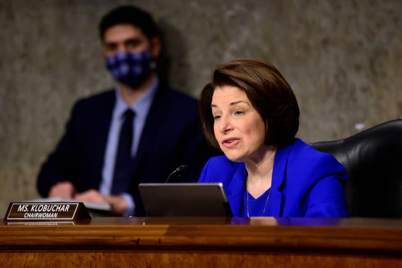 FILE PHOTO: U.S. Senator Amy Klobuchar speaks at a Senate committee hearing in Washington