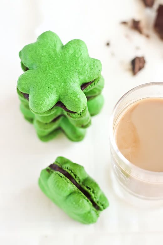 <p>You better believe there's Bailey's chocolate ganache in these sandwich cookies. </p><p><a href="http://www.raspberricupcakes.com/2012/03/shamrock-macarons-with-baileys.html" rel="nofollow noopener" target="_blank" data-ylk="slk:Get the recipe from Raspberri Cupcakes »;elm:context_link;itc:0;sec:content-canvas" class="link "><em>Get the recipe from Raspberri Cupcakes »</em></a><br></p>