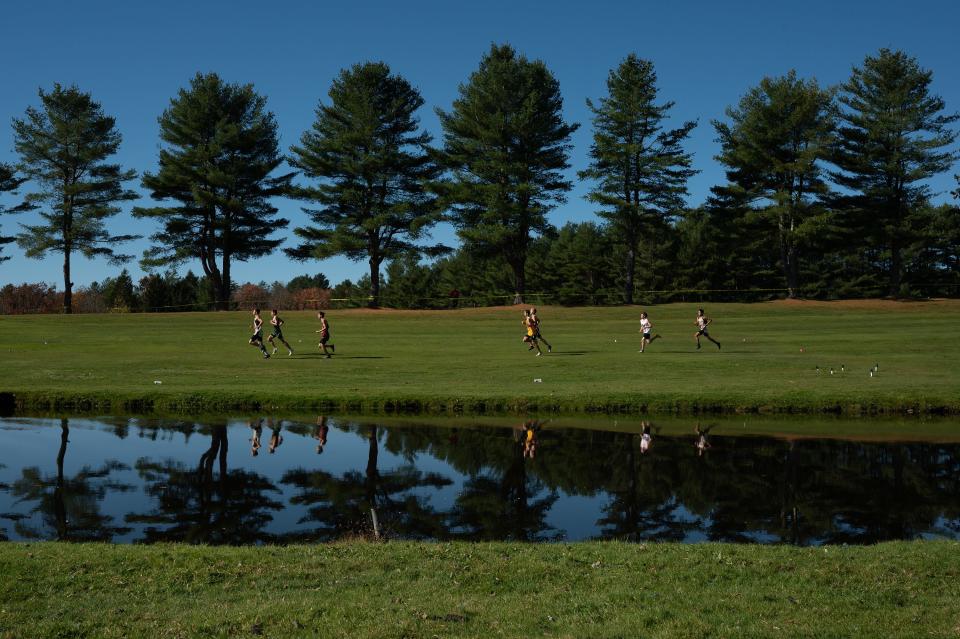 Participants pass a water feature in the Central Mass D1 boys race Saturday at Gardner Municipal Golf Course.