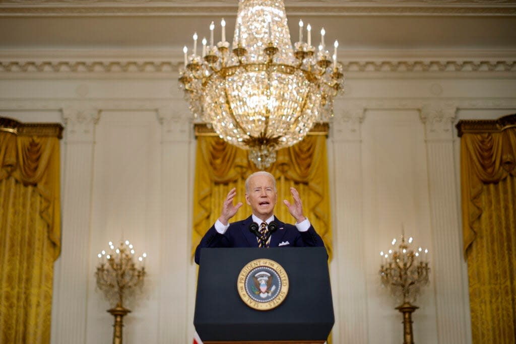 U.S. President Joe Biden takes questions from reporters during a news conference in the East Room of the White House on January 19, 2022 in Washington, DC. (Photo by Chip Somodevilla/Getty Images)