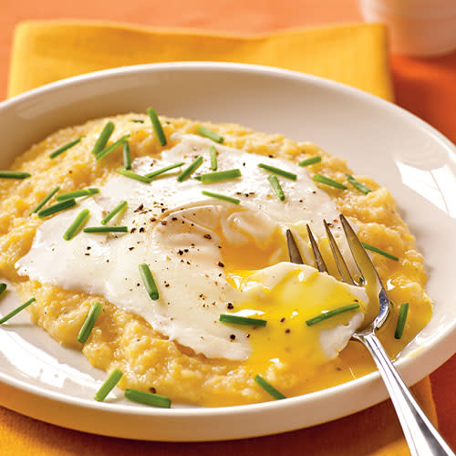 Eggs Blindfolded Over Garlic-Cheddar Grits