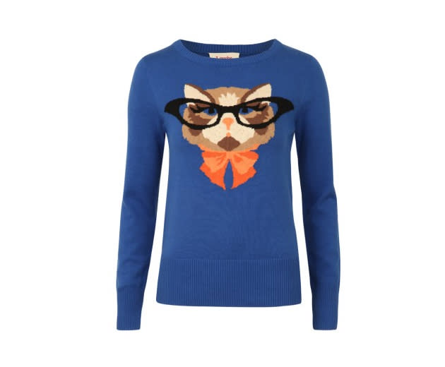 <a href="http://www.joythestore.com/lou-kat-glasses-intarsia-jumpe" rel="nofollow noopener" target="_blank" data-ylk="slk:Louche Kat Intarsia Jumper - Blue;elm:context_link;itc:0;sec:content-canvas" class="link ">Louche Kat Intarsia Jumper - Blue</a><br>£45.00