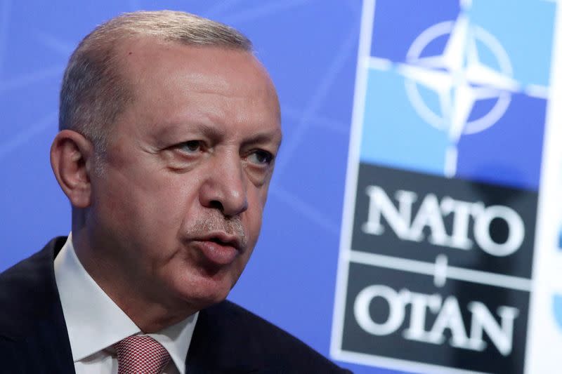 FILE PHOTO: Turkey's President Tayyip Erdogan holds a news conference during the NATO summit at the Alliance's headquarters in Brussels, Belgium