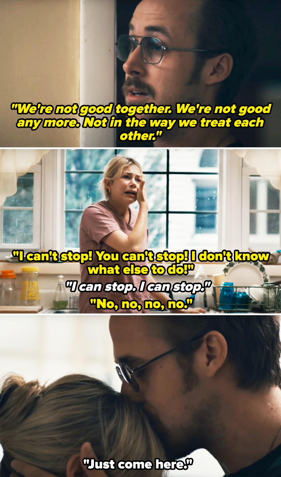 Ryan Gosling and Michelle Williams in scenes from a movie. Ryan wears glasses, and Michelle appears distressed by a kitchen sink. Ryan kisses Michelle's forehead