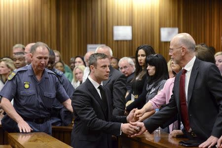 South African Olympic and Paralympic track star Oscar Pistorius (C) holds the hands of family members after being sentenced at the North Gauteng High Court in Pretoria October 21, 2014. REUTERS/Herman Verwey/Pool