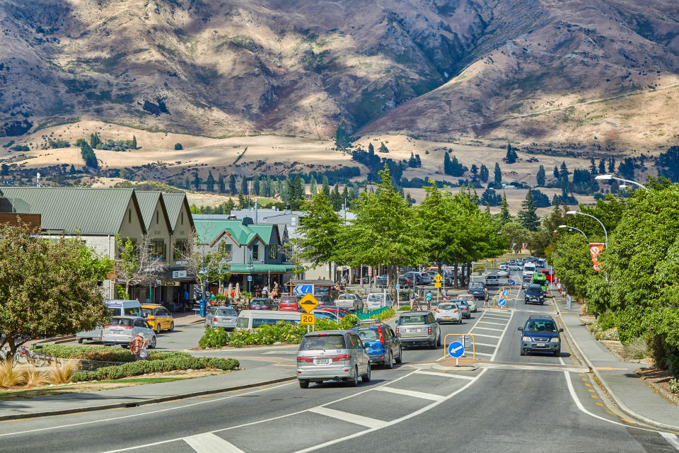 Looking down the main street of the town of Wanaka, Otago, New Zealand