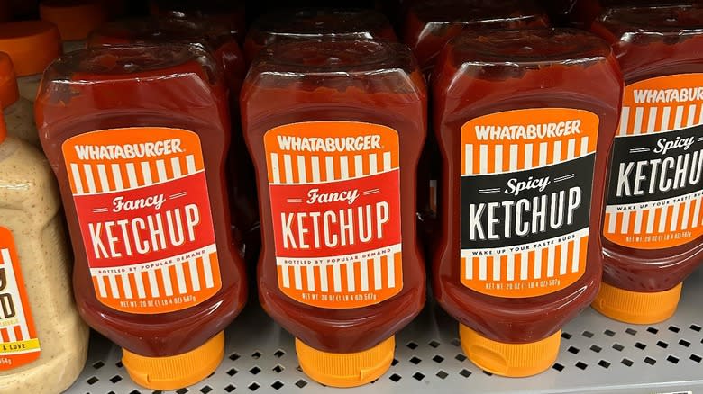 Whataburger ketchup bottles on the shelf