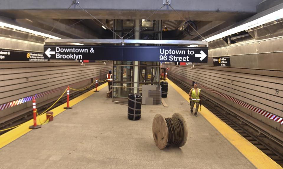 FILE- In this Dec. 9, 2016 file photo provided by the Office of New York Gov. Andrew M. Cuomo, work continues on the Second Avenue subway station at 72nd Street in New York. After a near 45 year wait, straphangers can take their first ride on the new subway at noon on Sunday, Jan. 1, 2017. (Kevin P. Coughlin/Office of New York Gov. Cuomo via AP, File)