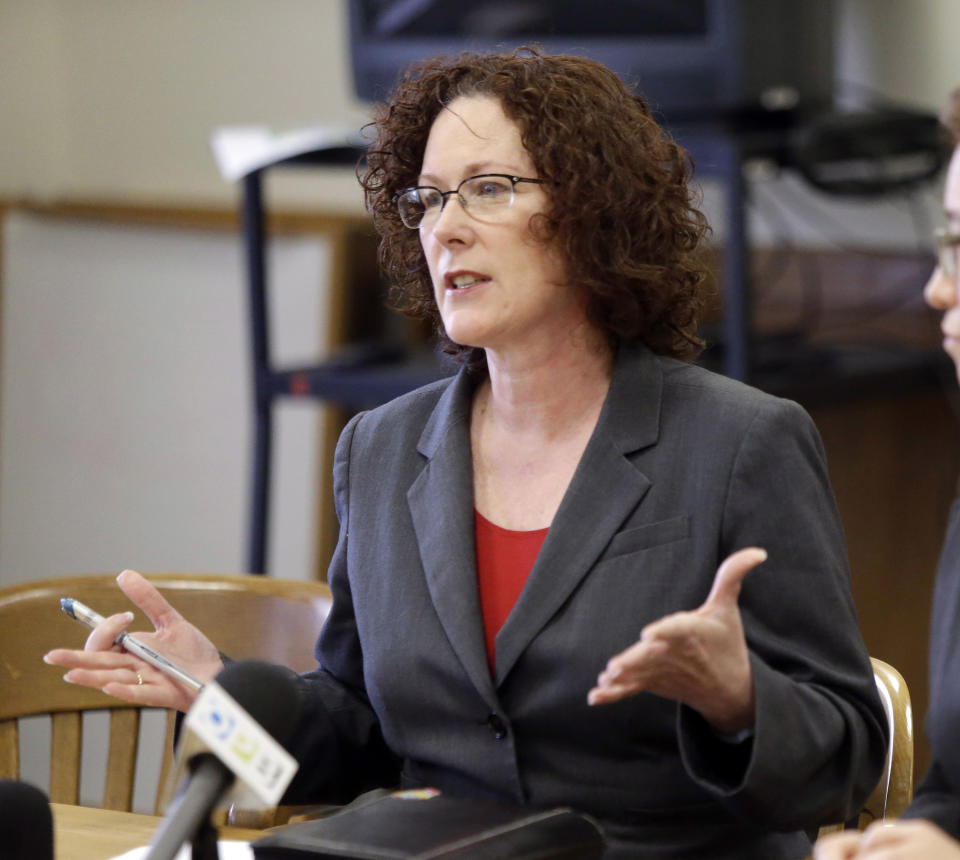 FILE - State Rep. Val Hoyle, D-Eugene, speaks during a legislative forum at the Capitol in Salem, Ore., on Jan. 27, 2015. Hoyle is running for reelection to Oregon's 4th District U.S. House seat in the Nov. 8, 2022 election. (AP Photo/Don Ryan, File)