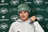 New York Jets quarterback Zach Wilson meets with reporters after the team's NFL football game against the Buffalo Bills in Orchard Park, N.Y., Sunday, Nov. 19, 2023. The Bills won 32-6. (AP Photo/Jeffrey T. Barnes )