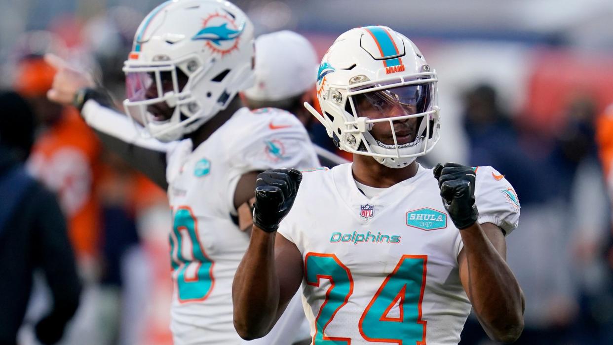 Mandatory Credit: Photo by David Zalubowski/AP/Shutterstock (11029165z)Miami Dolphins cornerback Byron Jones (24) celebrates a turnover by the Denver Broncos during the second half of an NFL football game, in DenverDolphins Broncos Football, Denver, United States - 22 Nov 2020.