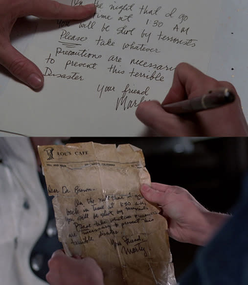 <p>If you notice, the warning letter Marty writes Doc in 1955 not only has different spacing than the Sellotaped one in 1985 (check out the single vs. two-word last line), but the handwriting isn’t the same either. Now you could put this down to a continuity error…or maybe it’s something else? Did Doc receive a letter from someone other than Marty desperate to keep him alive after he tore up the first one? Did another future Marty pen the letter and time-travel to 1955 to make sure his mentor damaged the space-time continuum for some greater purpose? The truth is out there!</p>