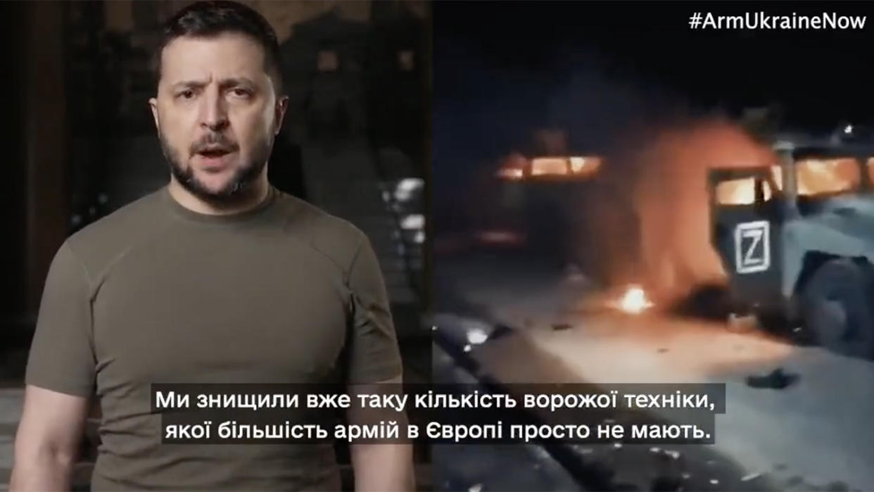 Ukrainian President Volodymyr Zelensky and a burning vehicle are seen in split-screen images from a video.