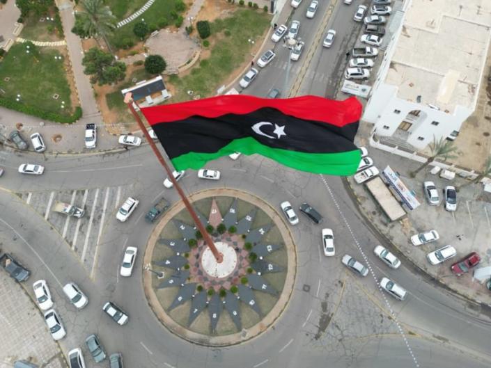 A Libyan flag flies in the city of Misrata.