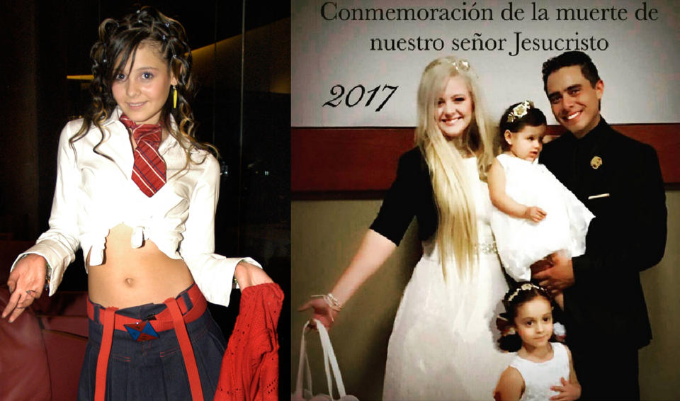 Fotografías de Allisson Lozz siendo apenas una niña en Rebelde, a la izq., y con su esposo e hijas en el 2017. (Foto de Agencia México)