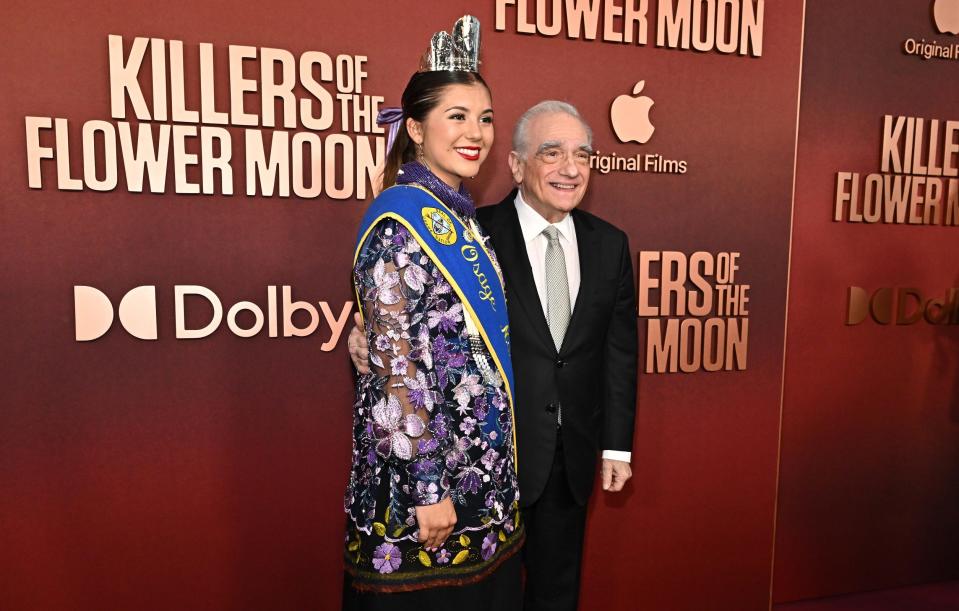 Osage Princess Lawren "Lulu" Goodfox and director, producer and co-screenwriter Martin Scorsese attend the Oct. 16 Los Angeles premiere of Apple Original Films' "Killers of the Flower Moon" at Dolby Theatre.