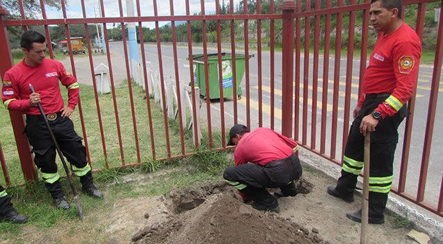 In a series of images posted to social media, several showcase the burial of the 'hero dog' Dayko. Source: Cuerpo De Bomberos Ibarra/Facebook.