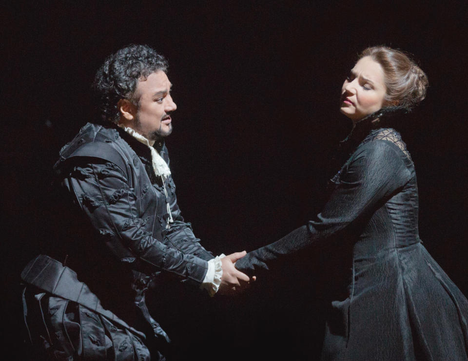 In this Feb. 14, 2013 photo provided by the Metropolitan Opera, Ramón Vargas plays Don Carlo and Barbara Frittoli is Elisabeth de Valois during a dress rehearsal of “Don Carlo” at the Metropolitan Opera in New York. (AP Photo/Metropolitan Opera, Ken Howard)