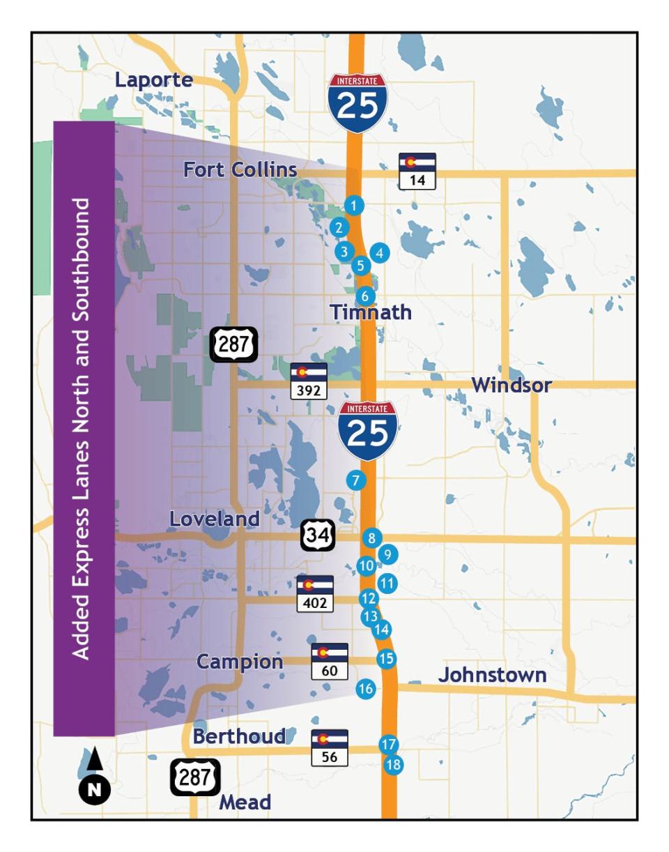 North I-25 Express Lanes project map in Colorado.