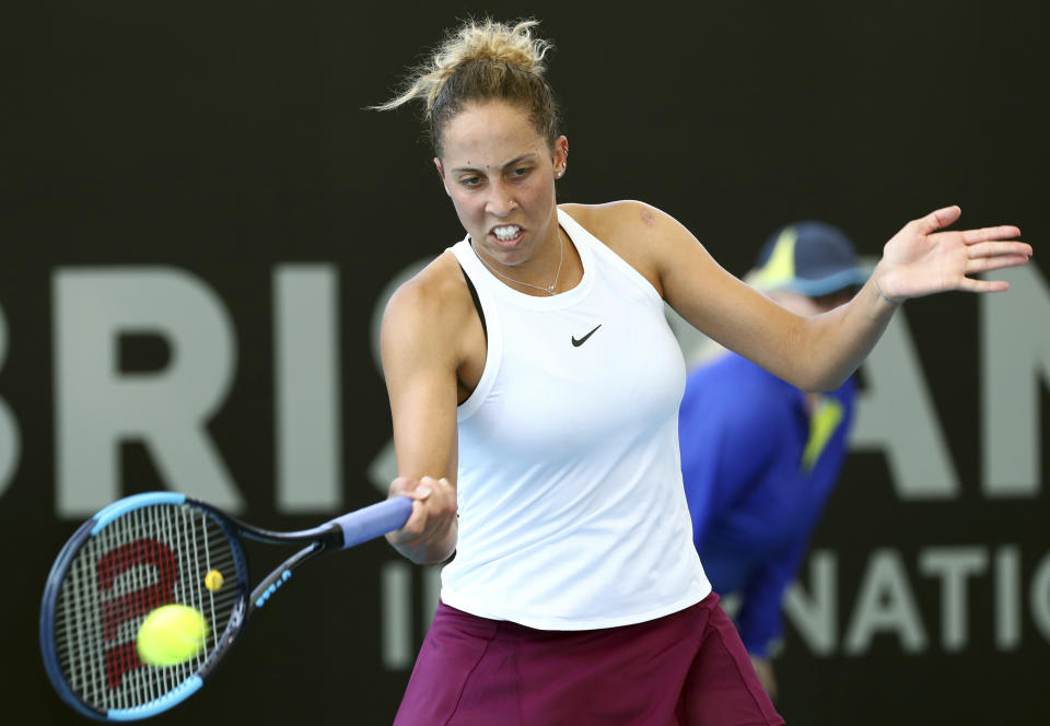 Madison Keys of the United States plays a shot during her match against Samantha Stosur of Australia at the Brisbane International tennis tournament in Brisbane, Australia, Wednesday, Jan. 8, 2020. (AP Photo/Tertius Pickard)