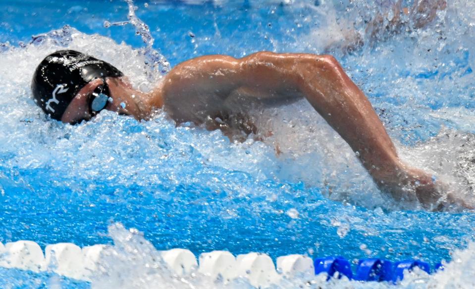 Hunter Armstrong swims in the 100-meter freestyle during the U.S. Olympic Team Trials Wednesday in Indianapolis.